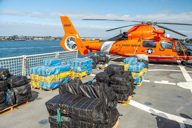 Bales of interdicted illegal drugs aboard the Coast Guard Cutter Kimball 